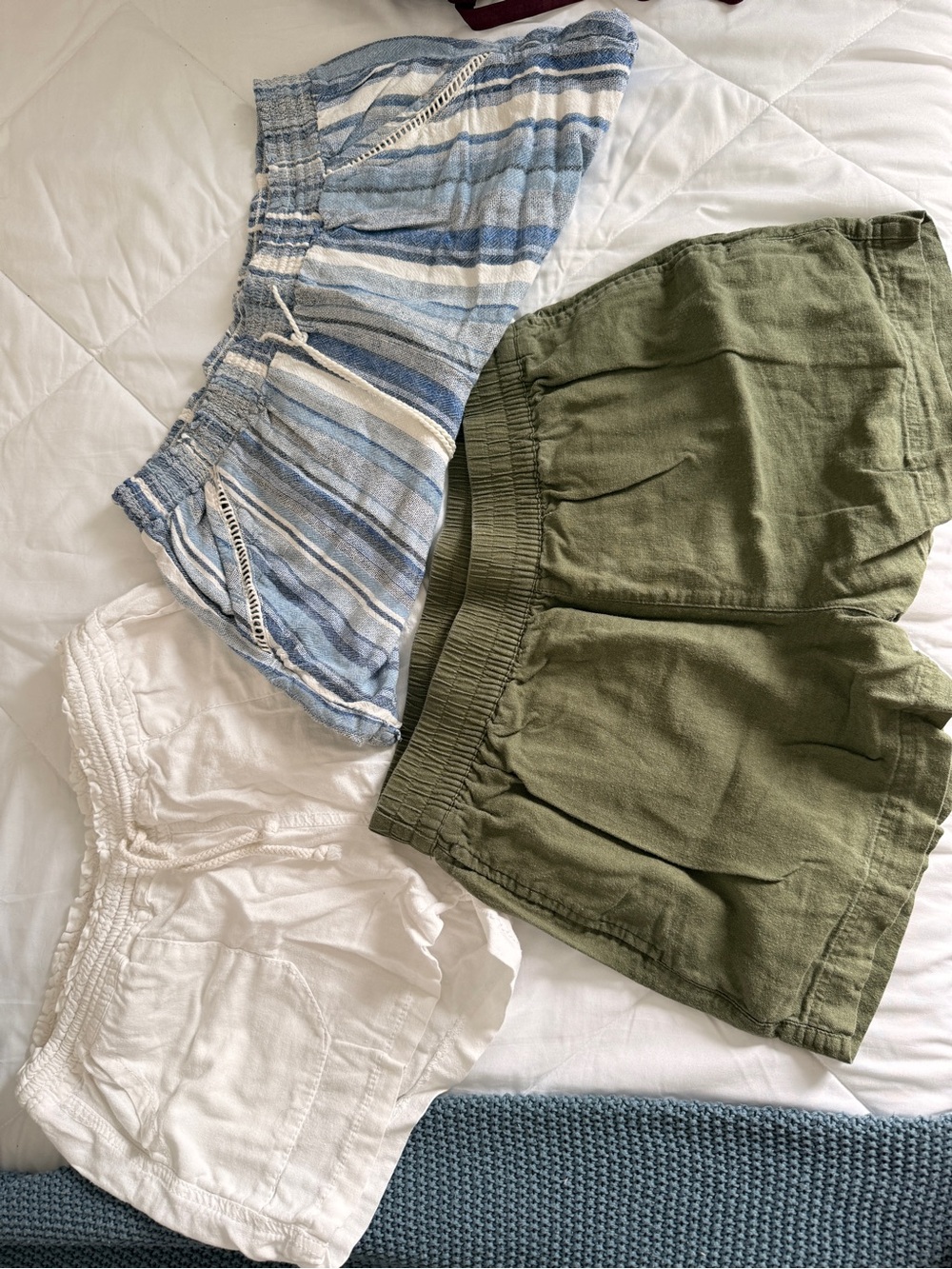 Women’s set of 3 LINEN Shorts Trio - White, Blue Stripe & Olive